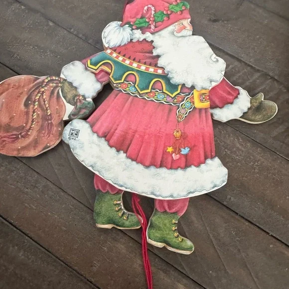 Vintage Wooden Mary Engelbreit Pull String Santa with sack and 3D Deer - Picture 4 of 9